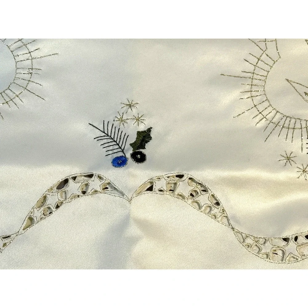 Vintage Embroidered Square Christmas Satin‎ Table Topper White & Blue Cottage